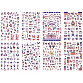 8sheets 4th of July Nail Art Stickers 3D Self-Adhesive American Flag Patriotic Independence Day Nail Decals USA Flags Butterfly Heart Star Nail Design I Love America for Memorial Day DIY Manicure