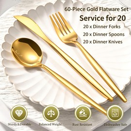 ERVILO 60-Piece Gold Silverware Set for 20, Food Grade Stainless Steel Flatware Set with Thickened Forks Spoons Knives, Mirror Polished Gold Cutlery for Wedding Party Restaurant, Dishwasher Safe