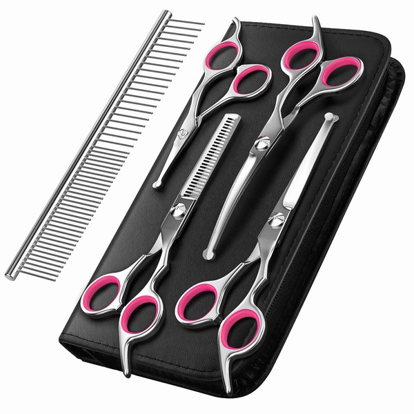 Pawaboo Dog Grooming Scissors Set, 5 Pieces Professional Dog Salon Scissors, Combing Fur Scissors with Round Safety Tip for Pets, Dogs, Cats, Thinning Scissors, Hair Care, Grooming Cutting - Pink