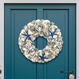 Galt International 18" Nautical Seashell Hanukkah Wreath, Dark Blue | Holiday Coastal Beach Floral Home Decor Indoor Outdoor Real Starfish Pearl Seashells