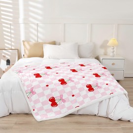 Pink Bowknot Kids Throw Blanket,Cherry Bow Tie Dot Princess Romantic Bed Blanket for Girls Women,Geometric Grid Plaid Patchwork Fleece Blanket,Fashion Fuzzy Blanket,Twin Size (60 x 80 Inches)