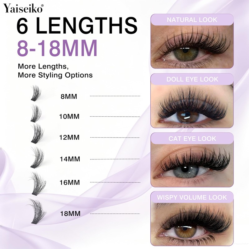 Yaiseiko 280Pcs 80D Wispy Lash Clusters 8-18MM Plant Fiber Individual