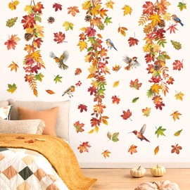 decalmile Autumn Maple Leaves Wall Decals Fall Hanging Vine Birds Wall Stickers Bedroom Living Room Sofa TV Background Wall Decor