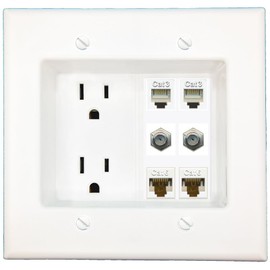 RiteAV Recessed Duplex Receptacle Outlet 2 CAT6 2 Coax 2 Phone Wall Plate White