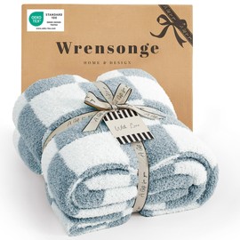 WRENSONGE Checkered Throw Blanket, Grey Blue Soft Cozy Fluffy Warm Hand Made Throw Blankets for Couch, Sofa, Chair, Bed, Camping, Picnic, Travel Lightweight Bed Blanket - 50"*70"