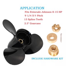 MARKGOO Propeller 9 1/4X9 Pitch RH 13 Spline Tooth Replacement for Omc Johnson Evinrude Outboard 8 9.9 10 15 HP Boat Motor Engine Parts 3 Blade Aluminum Prop 9.25X9 with Nut Hardware Kit 763458