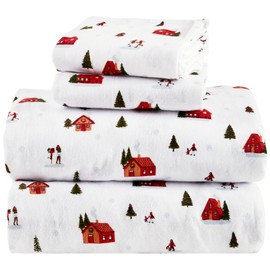 Comfort Spaces 100% Cotton Flannel Sheets Twin XL, Ultra Soft Cozy Flannel Sheet Set with 12" Elastic Pocket Fits up to 14" Mattress, Novelty Print Warm Flannel Bedding, Christmas Village 3 Piece