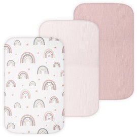 Muslin Bassinet Sheets Compatible with AMKE, Angel Bliss, Baby Joy, Maxi-COSI Baby Bedside Sleeper TansyPanda, 3 Pack, 20×33 in, Ultra Soft, Breathable, Snug Fit, Unisex Boys and Girls, Pink Rainbow