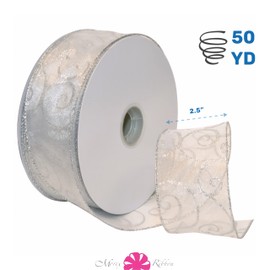 Morex Ribbon 7416.60/50-701 Swirl 6,3 cm x 45,7 m Nylon durchscheinendes Glitzerband mit Draht, Weiß/Silber, Urlaubsbänder zum Basteln und Weihnachtsdekorationen, Weihnachtsband für den Innenbereich