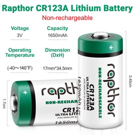 rapthor CR123A 3V Lithium Batteries CR17345 16 Pack 1650mAh High Power 123A 10 Year Shelf Life Non-Rechargeable CR123 Photo Battery 123 for Flashlight Toys Alarm System Microphones (Not for Arlo)