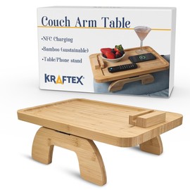 Couch Arm Table with NFC Charger. Bamboo Sofa Arm Tray 15x10 inch, Stable Armrest Tray or Wide Couch Arm Tray. Great Recliner Arm Table for Couch Arm.