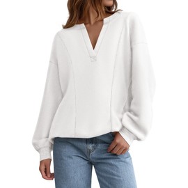 dowerme Oversized Sweatshirt For Women Casual Long Sleeve V Neck Comfy Fleece Pullover Tops Pockets Fall Outfits 2025(White,Large)