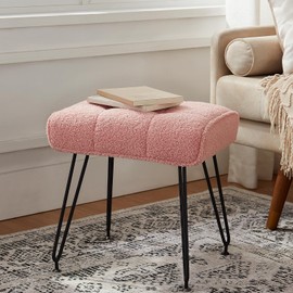 EBENCHICO Sherpa Vanity Stools, Teddy Fur Foot Stools Ottoman with Metal Leg Vanity Stool Chair with Padded Seating Make up Chairs for Small Bench Seat for Living Room Bedroom (Pink)