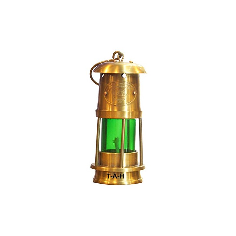 Antique Brass Miner Oil Lamp Nautical Maritime Green Glass Ship
