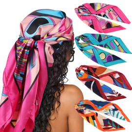 DRESHOW 4 Pack Large Square Satin Headscarves Hair Scarves Silk Accessories Classic Patterned Squares Beach Bandanas for Women
