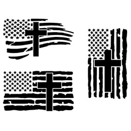 American Flag with Cross Vinyl Decal 3 Pack: Christian Jesus US Flag Decals for Cars, Trucks, Laptops, Window Decals (Black, Large ~6")