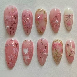 24Pcs Flower Press on Nails Long Fake Nails Pink False Nails Floral Leaf Gold Edge Cute Cat Bow with Rhinestone Design Pearl Glue on Nails Full Cover Artificial Nail for Women DIY Salon Manicure