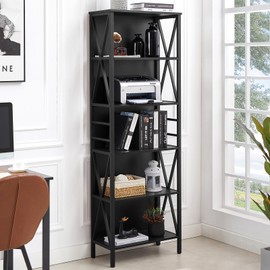 HOMISSUE Bookshelf, 6-Tier Bookshelf, Rustic Wood Metal Bookshelves and Bookcases, Freestanding Open Bookshelf, Industrial Tall Bookcase for Home Office, Living Room and Bedroom, Black