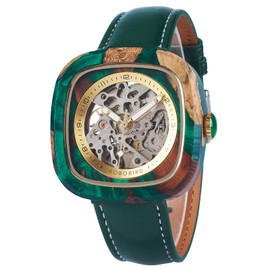 BOBO BIRD Mens Wooden Watches Square Skeleton Mechanical Watch, Automatic Self-Winding, Leather Strap, Multiple Colors (Green)