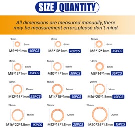 Hengzemei 320pcs Copper Flat Washers Metric Sealing Assortment Set Crush Washer kit Oil Drain Plug Gasket 12 Sizes M5-M20
