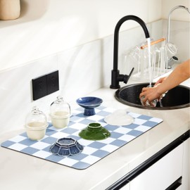 Ohocut Checkered Dish Drying Mat for Kitchen Counter, Coffee Bar, Coffee Station Accessories, Retro Cute Aesthetic Modern Absorbent Drainer Mat Kitchen Drying Mat Easy Clean, Blue 16" x 24"