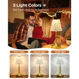 JACKYLED Crystal Cordless Table Lamp, 3 Colors with Built-in Dimmer, 5400mAh Battery Operated Rechargeable, Wireless Portable Lamp for Bedroom Living Room Kitchen, Acrylic Diamond LED Gold Lamp