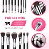15pc Makeup Brush Set, Black & Silver with Black Bag