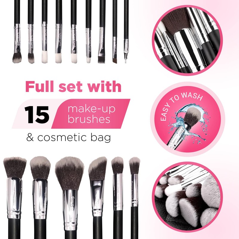 15pc Makeup Brush Set, Black & Silver with Black Bag