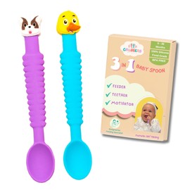 Little Grubbers 3-in-1 Silicone Baby Spoon Self Feeding 6+ Months - Pediatric OT Designed Teether Spoon, BPA Free Toddler Utensils, Mess-Free, Fun for Baby Led Weaning Supplies, Dog & Duck