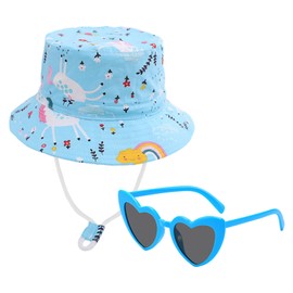 Kids Bucket Hat,Kids Sun Hat,Sun Protection Summer Beach Hats with Unicorn,Heart Sunglasses, Adjustable Bucket Hats for Baby Girls Boys 2-5 Years,Wide Brim Outdoor Play Hat Pink Blue (Blue)