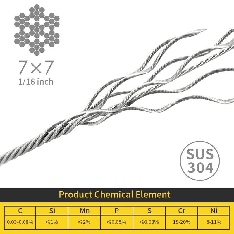1/16 Wire Rope, 200FT 304 Stainless Steel Cable with 100Pcs