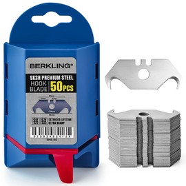 Berkling Utility Hook Razor Blades 50-Pack With Dispenser, SK2H Laser Sharpened Hardened, Ultra 3X Sharper and 5X Durable, Heavy Duty Replacement Blades for Carpet, Roofing Blade Knife, Box Cutter
