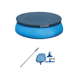 Intex Swimming Pool Kit w/Vacuum Skimmer, Pole, & Debris Round Cover Tarp