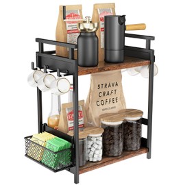 KLM 2 Tier Coffee Bar Organizer for Home Office, Spice Rack for Countertop, Kitchen Counter Storage Shelf with Hanging Basket, Coffee and Tea Condiment Station Organizer