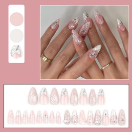 Viugex 24Pcs Pink Press on Nails Almond, French Tip False Nails with 3D Love Bow Design, Glossy Acrylic Fake Nail Set, Artificial Full Cover Reusable Stick on Nails for Women Daily Wedding Wear