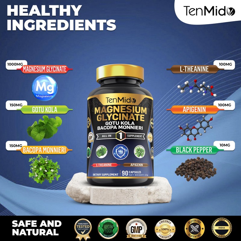 Tenmido Pure Magnesium Glycinate Supplements - 6in1 with Gotu Kola,