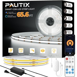 PAUTIX COB LED Strip Light 65.6ft/20m,Work with Alexa/Google Assistant,9600 LEDs Daylight White 6000K,CRI93+ Super Bright High Lumen,Dimmable 24V Flexible LED Light Strip,for Home&Office DIY Lighting