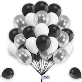 Plain Round Balloons - 12 Inch White, Black & Silver Pack of 25 Latex Balloons for Birthday, Baby Shower, Engagement & Wedding Parties