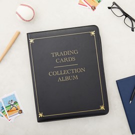 9 Pocket Trading Card Binder with Zipper for Baseball, Gaming, and Sports Cards, Black and Gold Faux Leather, Holds up to 360 Cards (14 x 11 In)