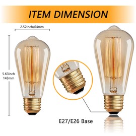 Sevici Edison Bulb 40W 120V, ST64 Vintage Incandescent Edison Bulb E26/E27 Base 2200K Amber Warm Yellow Dimmable, Retro Lamp Glass, 6 Pack, Suitable for Outdoor and Indoor