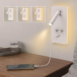 HYMELA M04 Dimmable Wall Mounted Sconces Reading Light Bedside Lamp with USB Port Headboard Plug in Hardwire Wall Lamps Sconces Adjustable Headboard 0.9-3.7 Spotlight + 1.2-6W Backlight