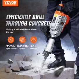 VEVOR Demolition Jack Hammer, MAX 3500W Jack Hammer Concrete Breaker 1900 BPM Heavy Duty Electric Jack Hammer, 2pcs Chisel w/Gloves & 360°C Swiveling Front Handle for Trenching and Breaking Holes
