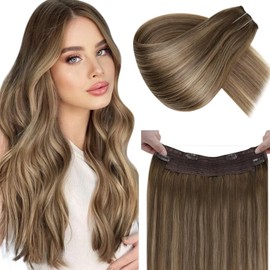 LaaVoo Wire Hair Extensions Human Hair Light Brown Balayage Fish Line Hair Extensions For Women Light Brown to Golden Blonde Balayage Wire Human Hair Extensions For Women Double Weft 12 Inch 80g