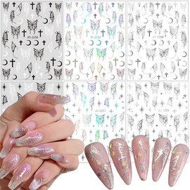 6 Sheets Laser Butterfly Nail Art Stickers Designer Nail Decals 3D Self-Adhesive Nail Art Supplies Luxury Butterfly Nail Sticker for Nail Art,Vintage Butterflies Stars Moon Manicure Charms Decorations