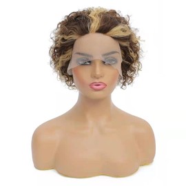 SIZIFEE 8 Inch Short Curly Lace Front Wigs Human Hair 13X1 Pixie Cut Short Curly Human Hair Wigs Honey Blonde Pixie Cut HD Lace Front Wigs Human Hair Plucked Highlighted Brown Mixed Color (P4/27)