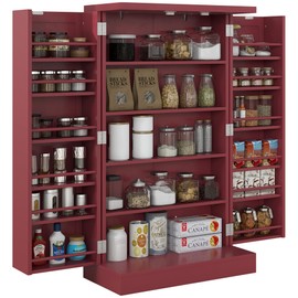 HOMCOM 41" Kitchen Pantry Storage Cabinet, Freestanding Kitchen Cabinet with 12 Door Shelves, Double Doors, 5-Tier Shelving and Adjustable Shelves, Painted Red