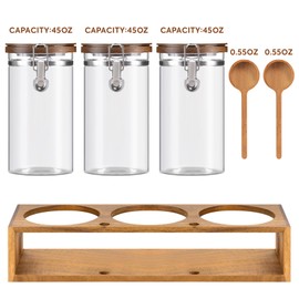 Yangbaga Glass Sugar Coffee Canister with Shelf, 3 x 45OZ Coffee Bean Containers Storage Station Organizer with Airtight Locking Clamp and Log Coffee Scoop, Food Storage Canisters Sets for Kitchen