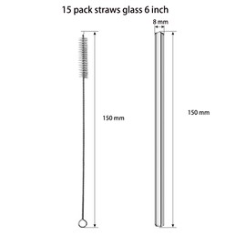 Glass Straws Shatter Resistant, 15 Pack 6 Inch Straight 8mm Borosilicate Coffee Straw Set for Cocktail, Includes Short Glass Straw Cleaner, Small Clear Reusable Drinking Straws for Coffee
