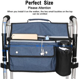 Wheelchair Organizer Storage Bag, Double-Sided Armrest Pouch with Cup Holder and Reflective Strip, for Wheelchairs and Walkers (Blue)