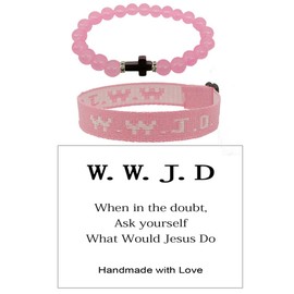 Fuqimanman2020 WWJD Braided Rope Bracelet Cross Pendant Beads Stretch Bracelet for Women Men What Would Jesus Do Religious Jewelry Gift-Pink